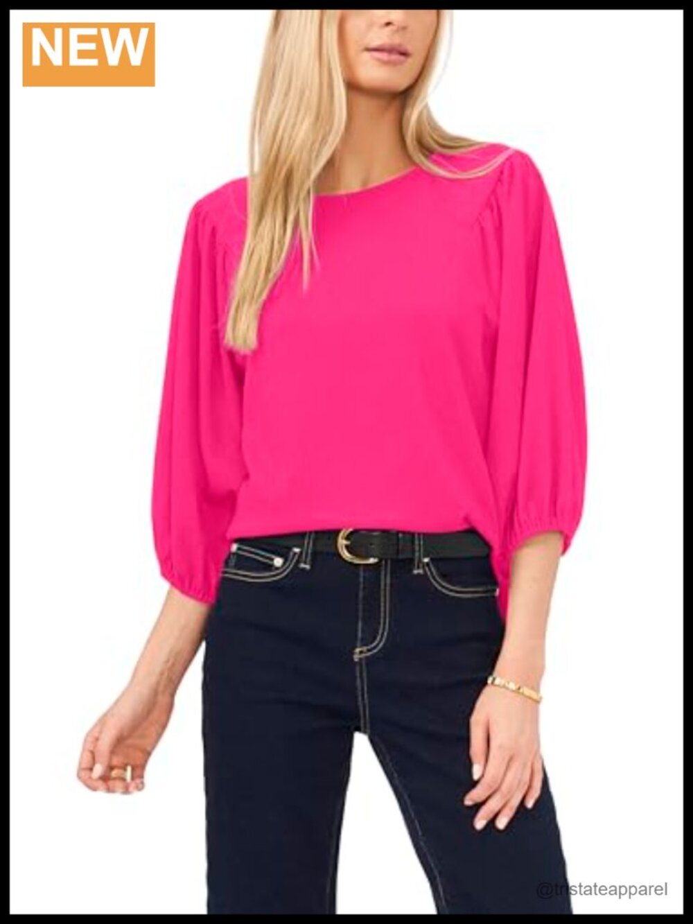 Puff Sleeve Knit Top Blouse 98% Polyester 2% Spandex Scoop Neck 3/4 Sleeve